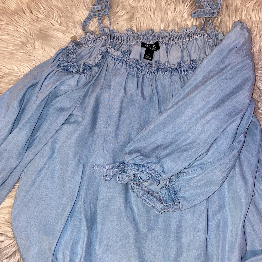 Denim blue off the shoulder blouse